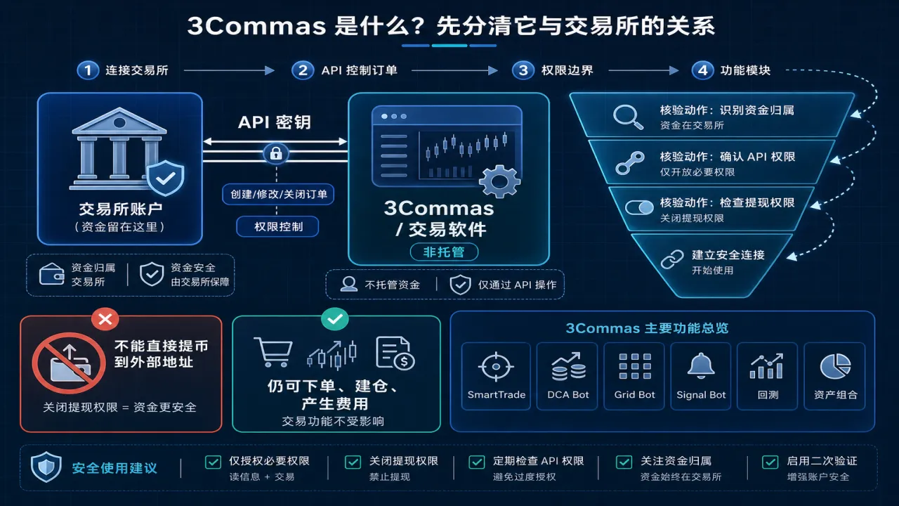 3Commas 是什么 先分清它与交易所的关系的流程与风险要点示意