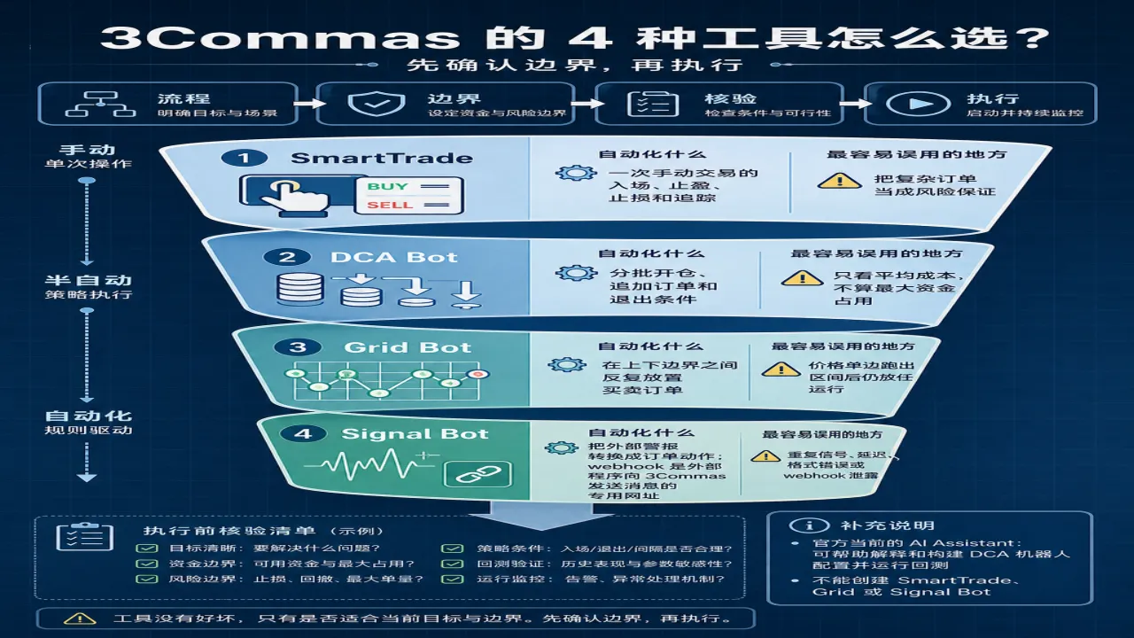 3Commas 的 4 种工具怎么选的流程与风险要点示意