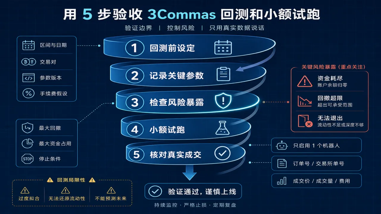 用 5 步验收 3Commas 回测和小额试跑的流程与风险要点示意