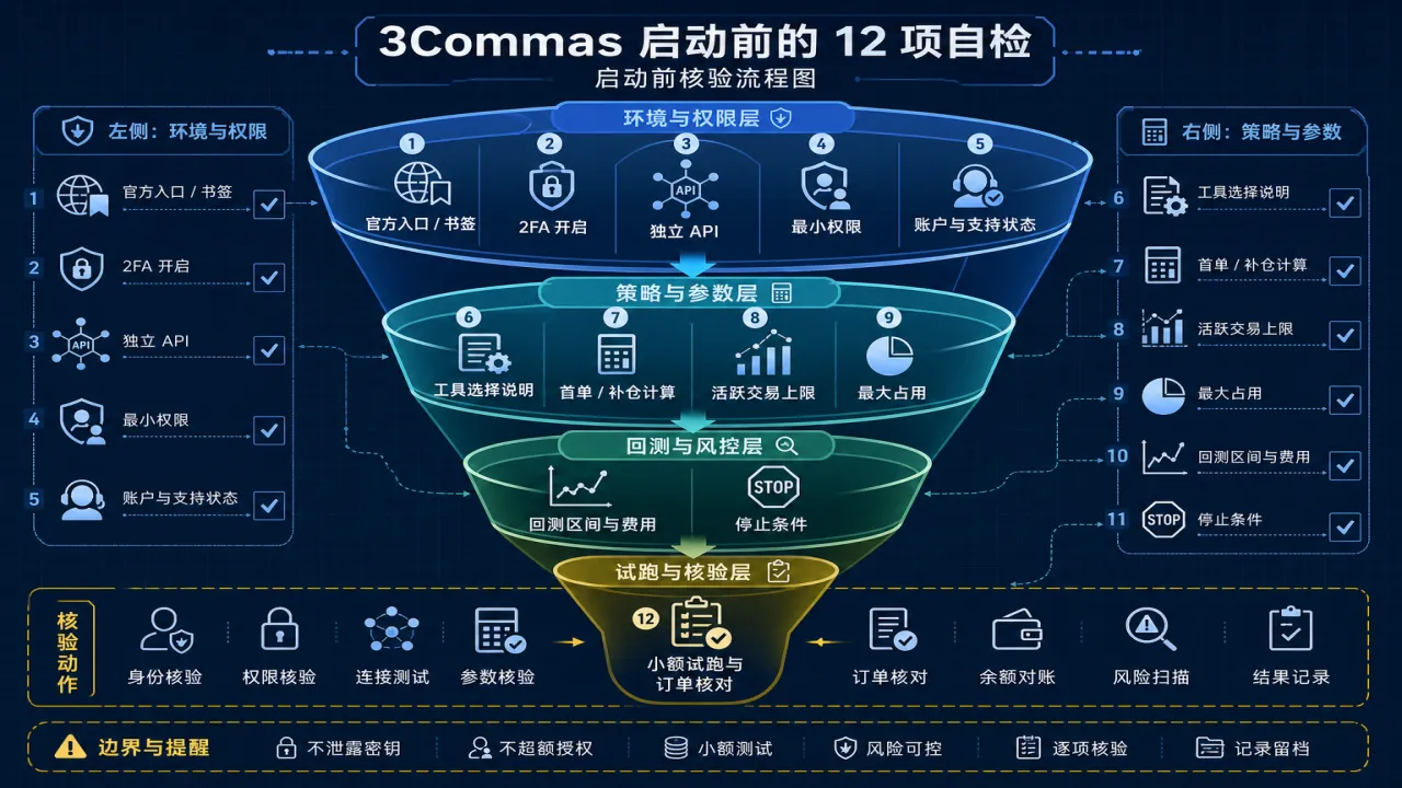 3Commas 启动前的 12 项自检的流程与风险要点示意