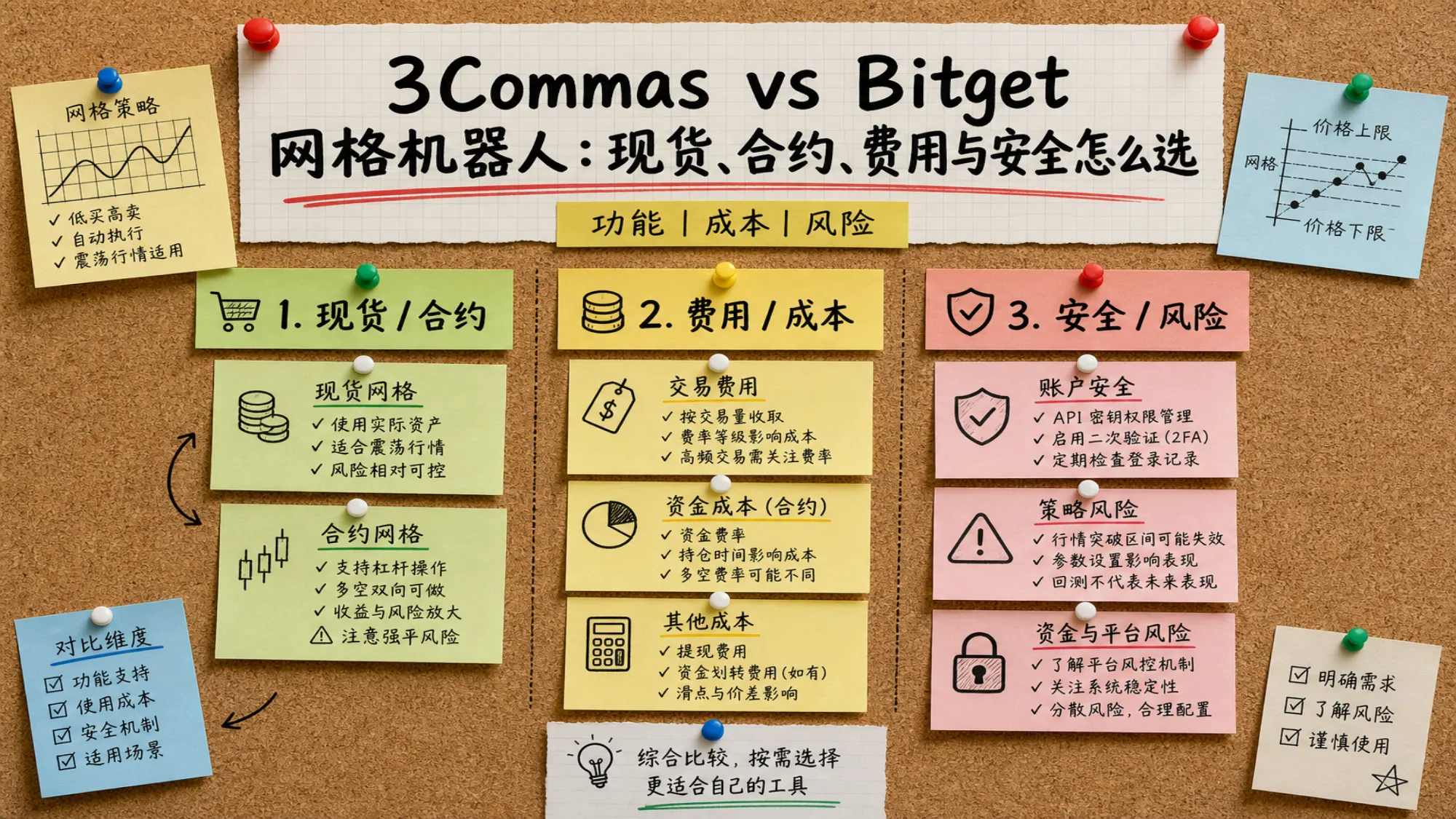 3Commas 与 Bitget 网格机器人功能、费用和安全对比示意