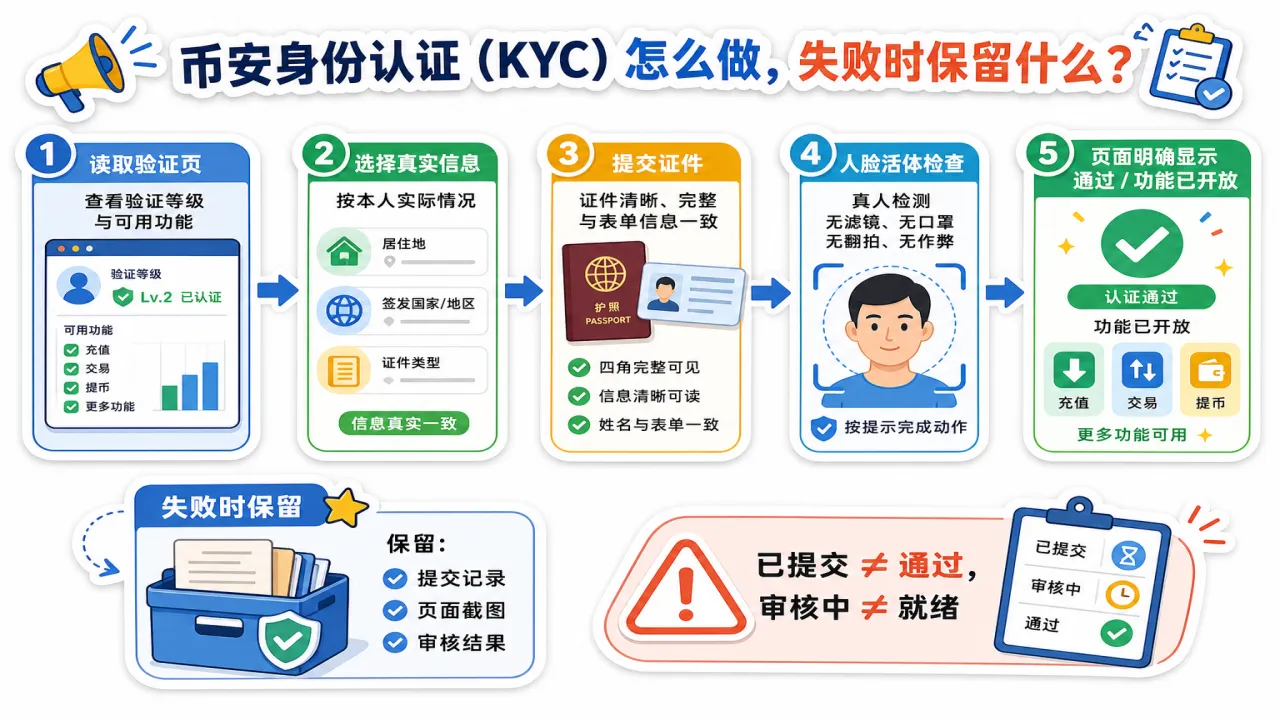 币安身份认证（KYC）怎么做 失败时保留什么的流程与风险要点示意