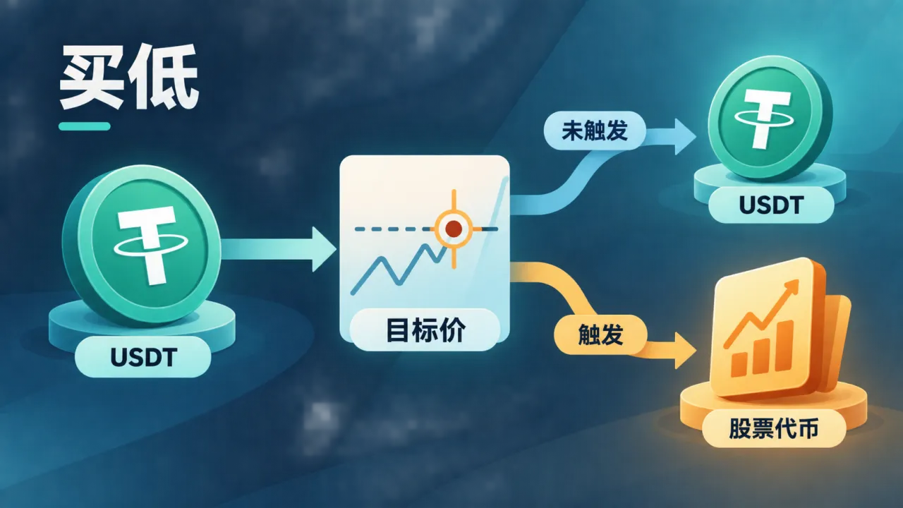 买低结算分支：未触发返还USDT，触发后换入股票代币