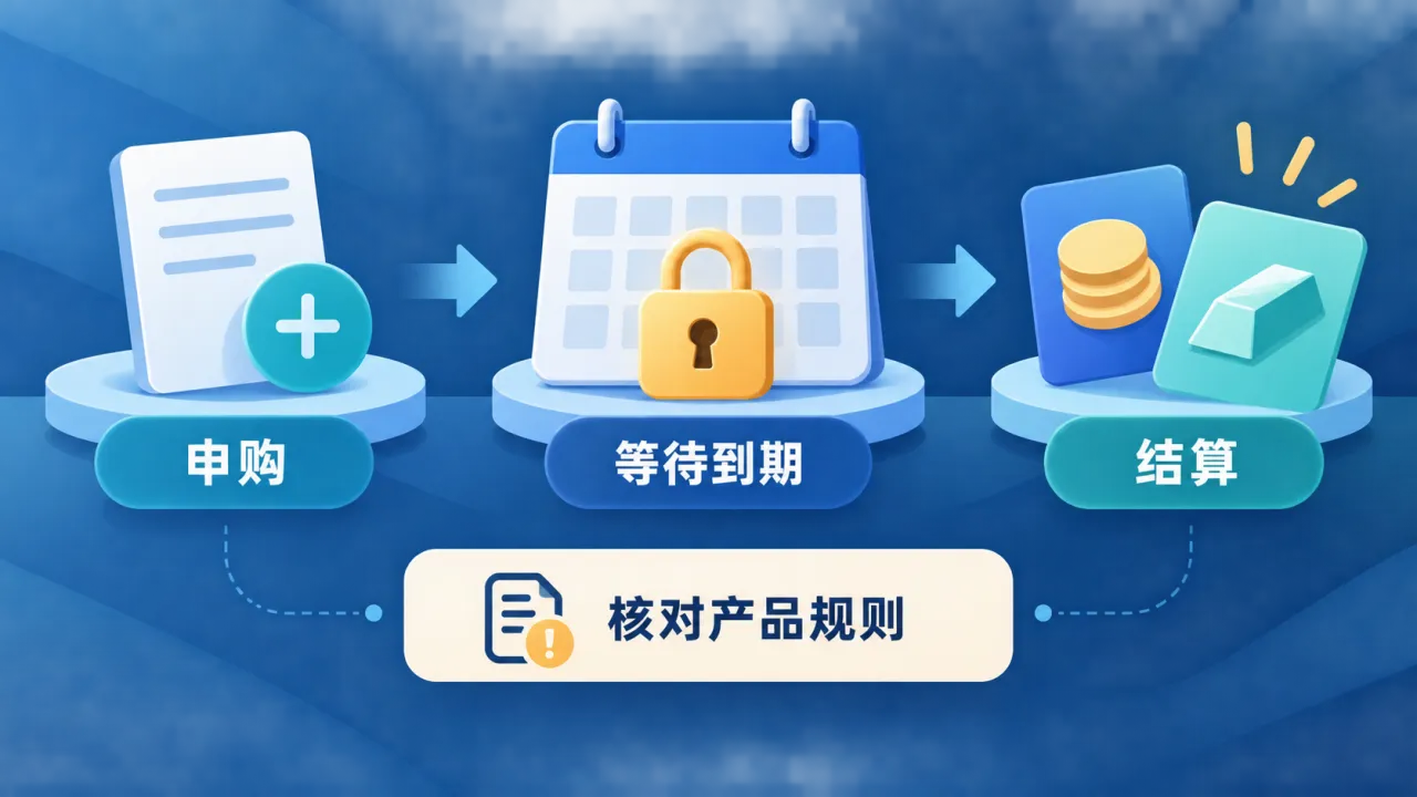 申购、等待到期和结算三个阶段，提示核对产品规则