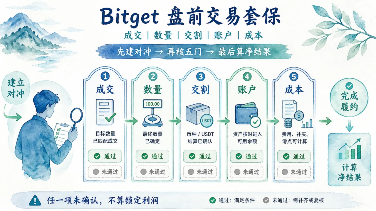Bitget 盘前交易套保 成交、数量、交割、账户、成本五道门的流程与风险要点示意