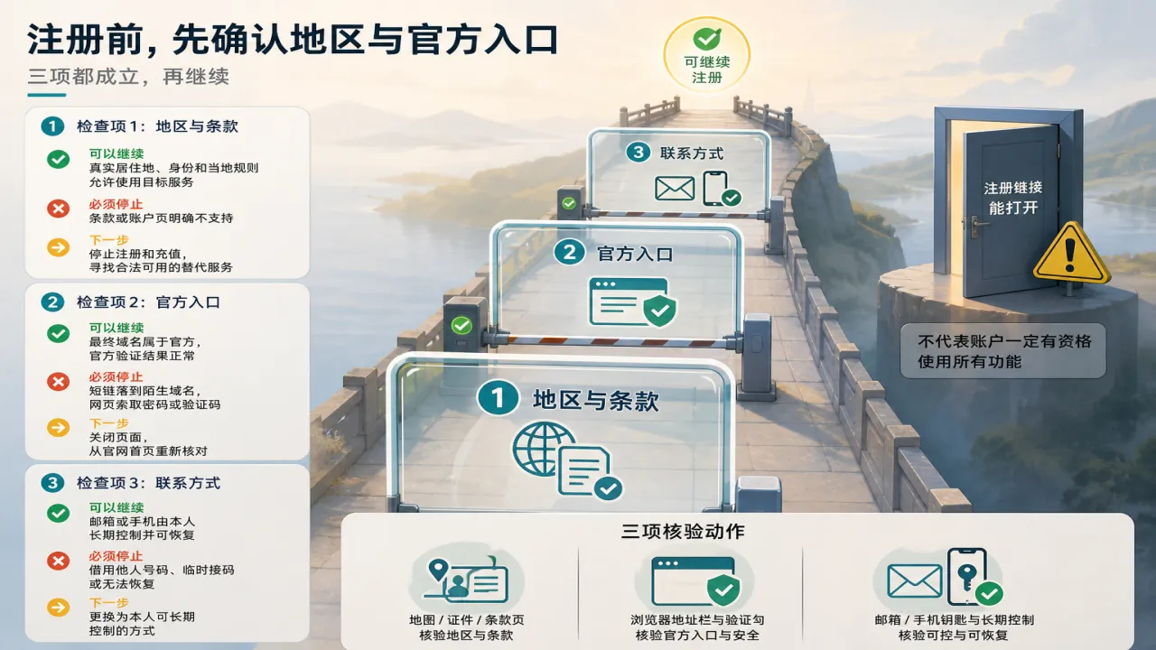 注册前 如何确认地区与官方入口的流程与风险要点示意