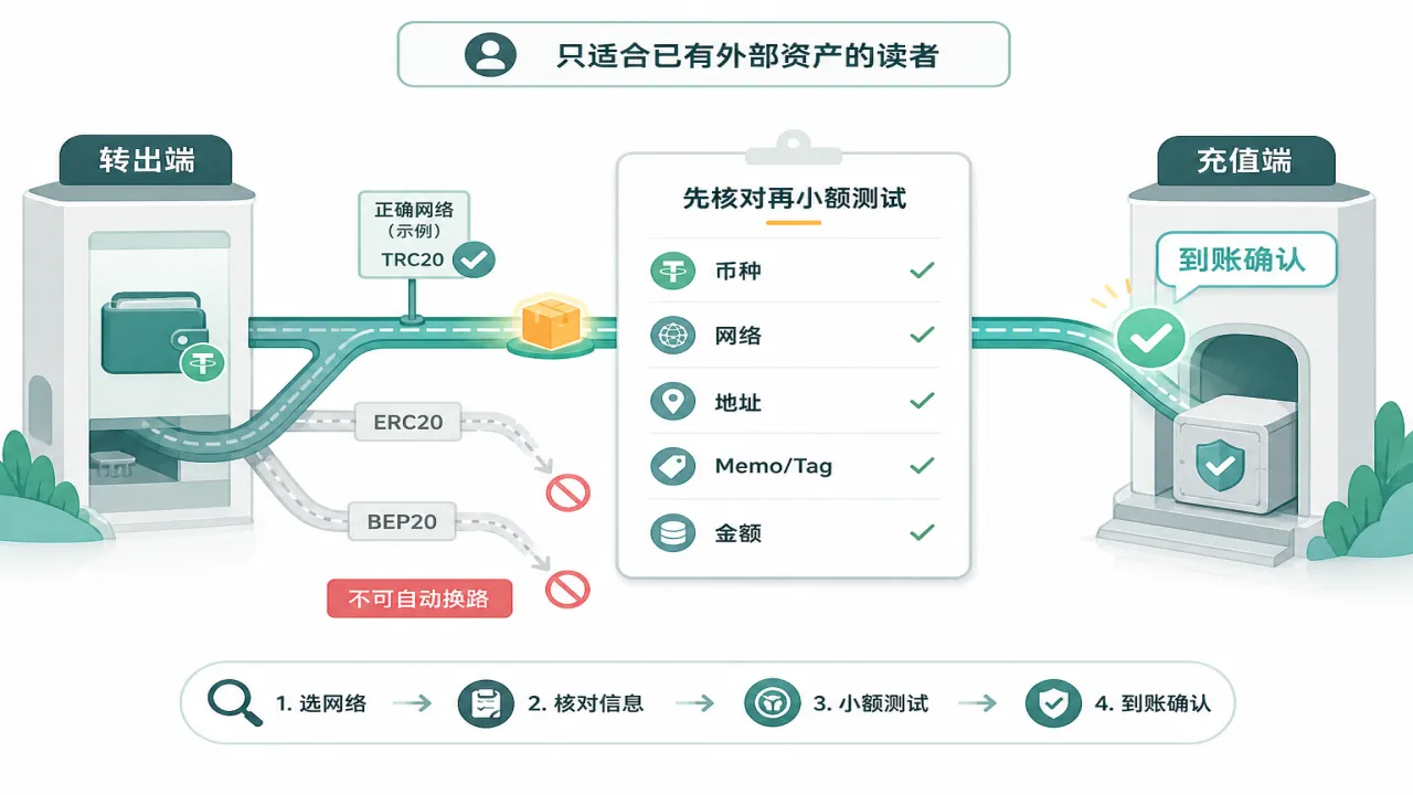 如何选充值网络并验收第一笔到账的流程与风险要点示意