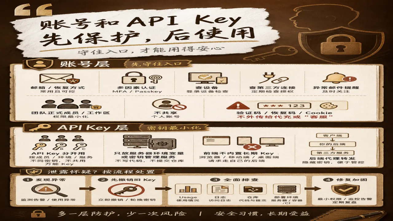账号和 API Key 怎样保护的流程与风险要点示意