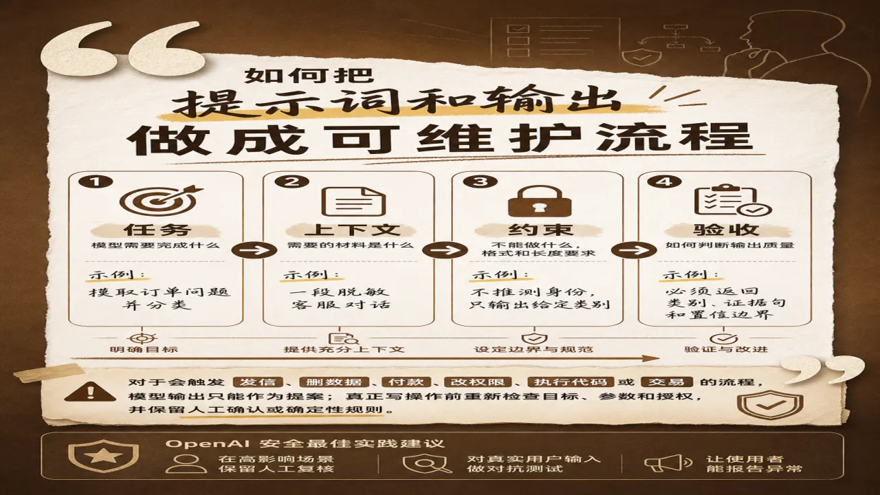 提示词和输出怎样做成可维护流程的流程与风险要点示意