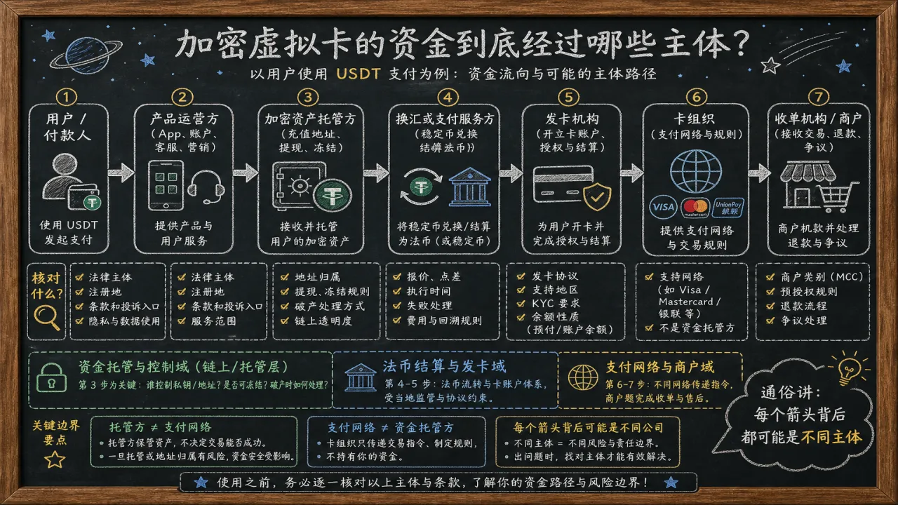 加密虚拟卡的资金到底经过哪些主体的流程与风险要点示意