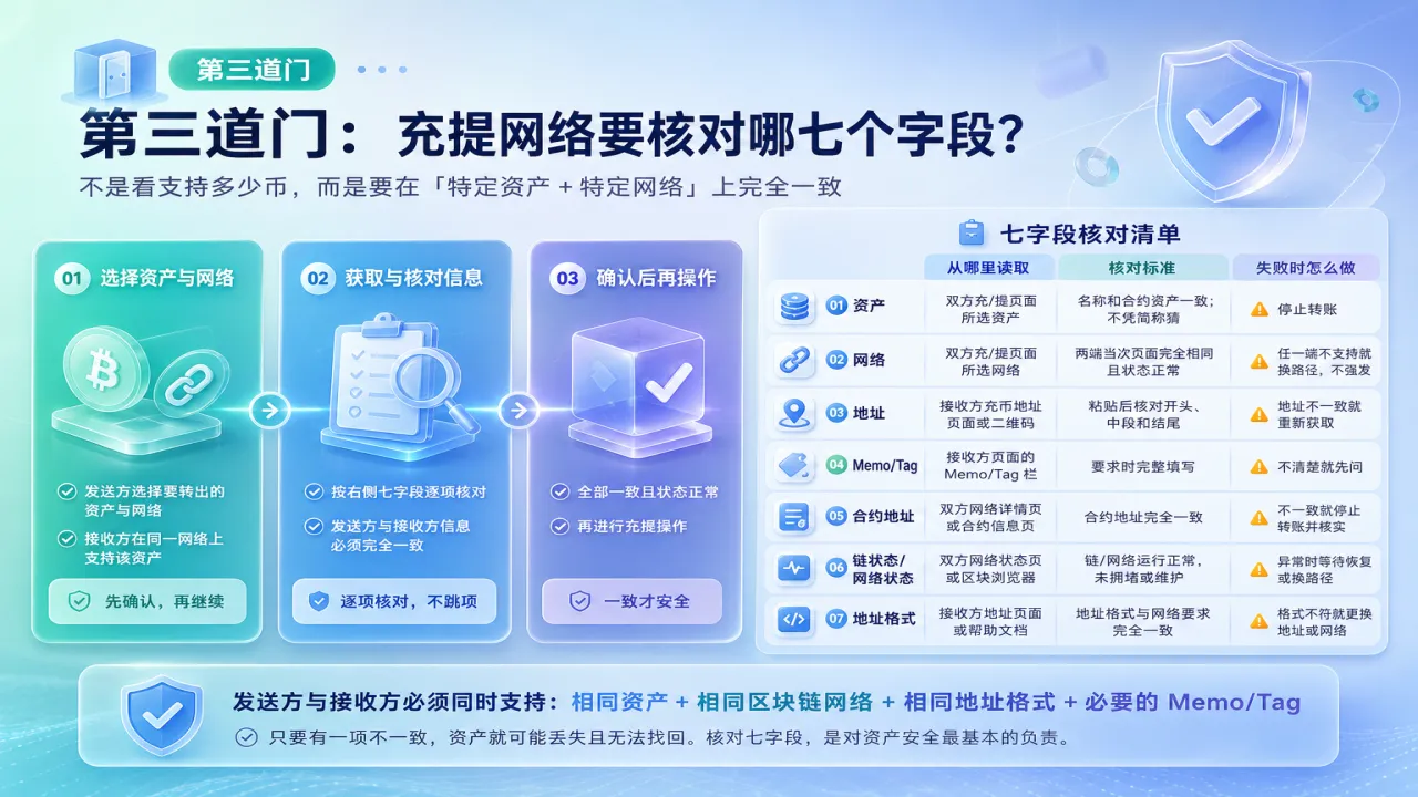 第三道门 充提网络要核对哪七个字段的流程与风险要点示意