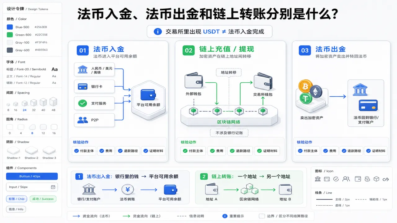 法币入金、法币出金和链上转账分别是什么的流程与风险要点示意