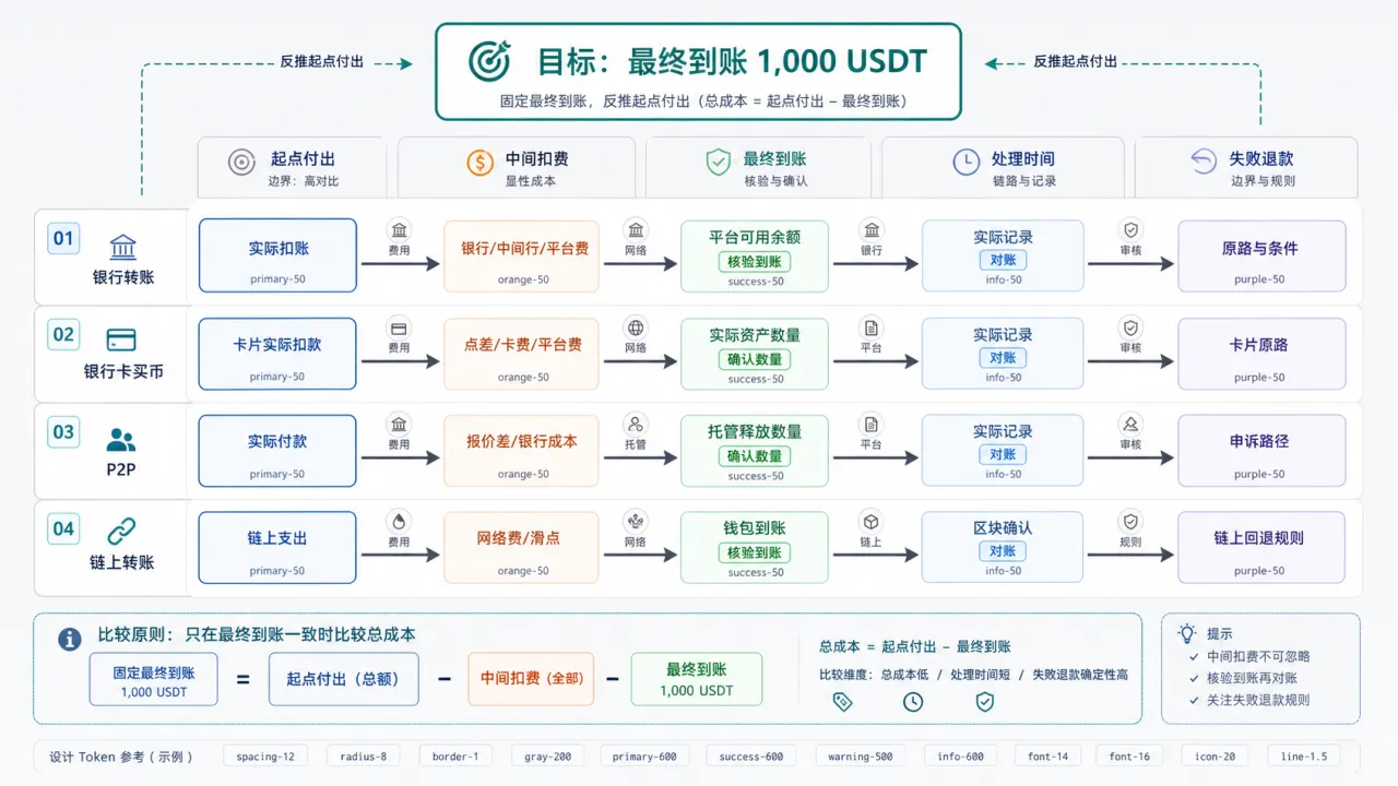 总成本怎样按“最终到账”比较的流程与风险要点示意