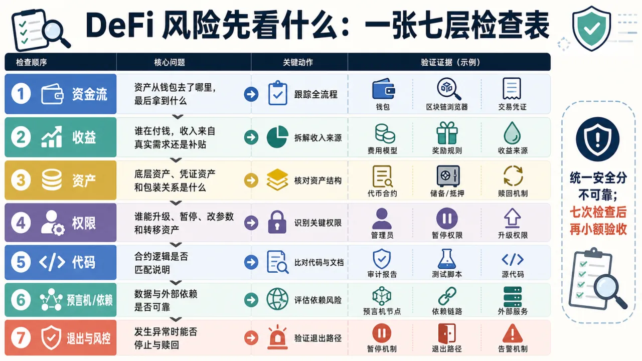 DeFi 风险先看什么 一张七层检查表的流程与风险要点示意