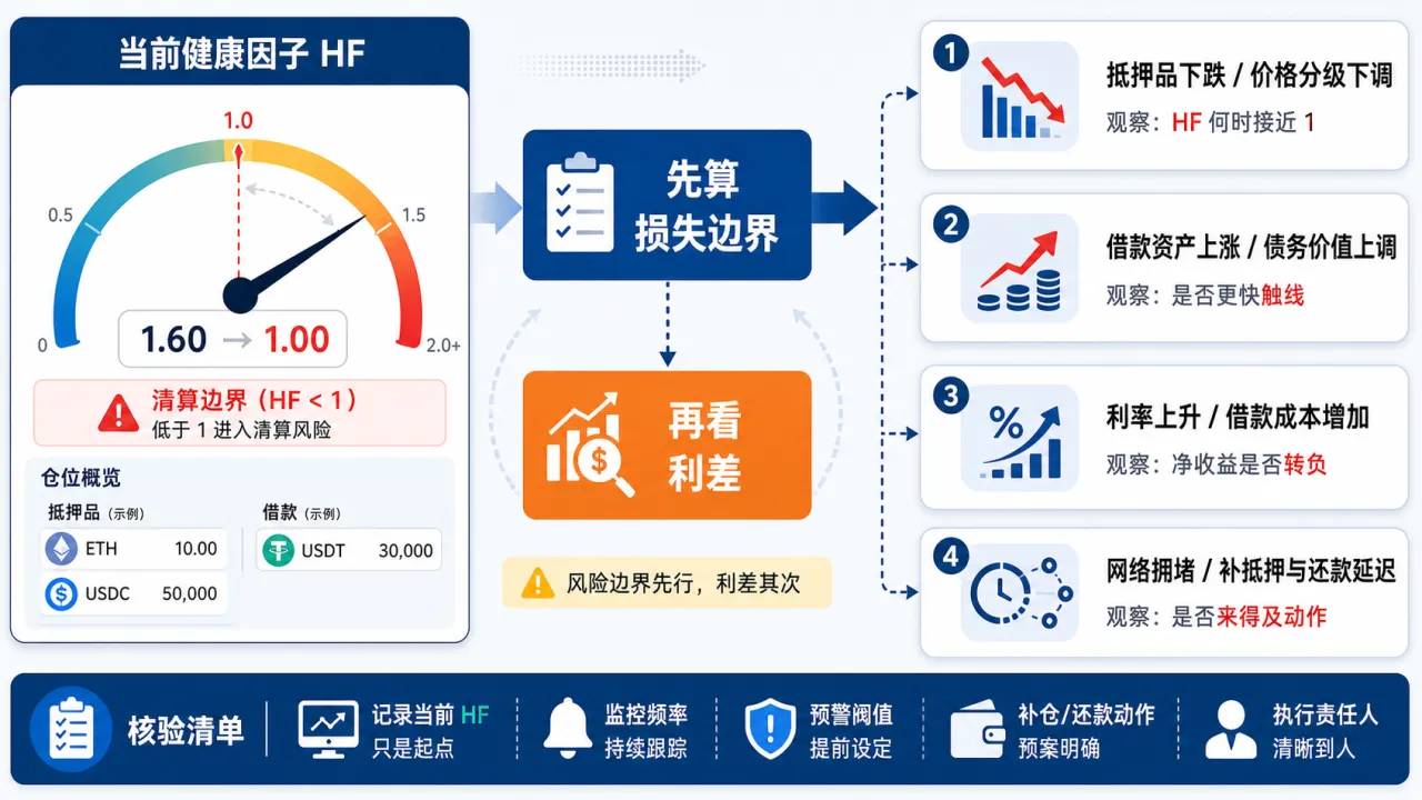 Aave 健康因子和清算边界怎么算的流程与风险要点示意