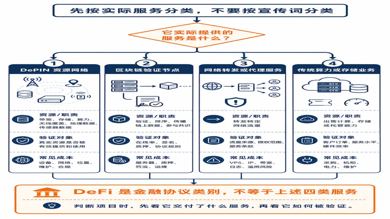先分清 DePIN、验证节点、转发服务和 DeFi 不是一回事的流程与风险要点示意