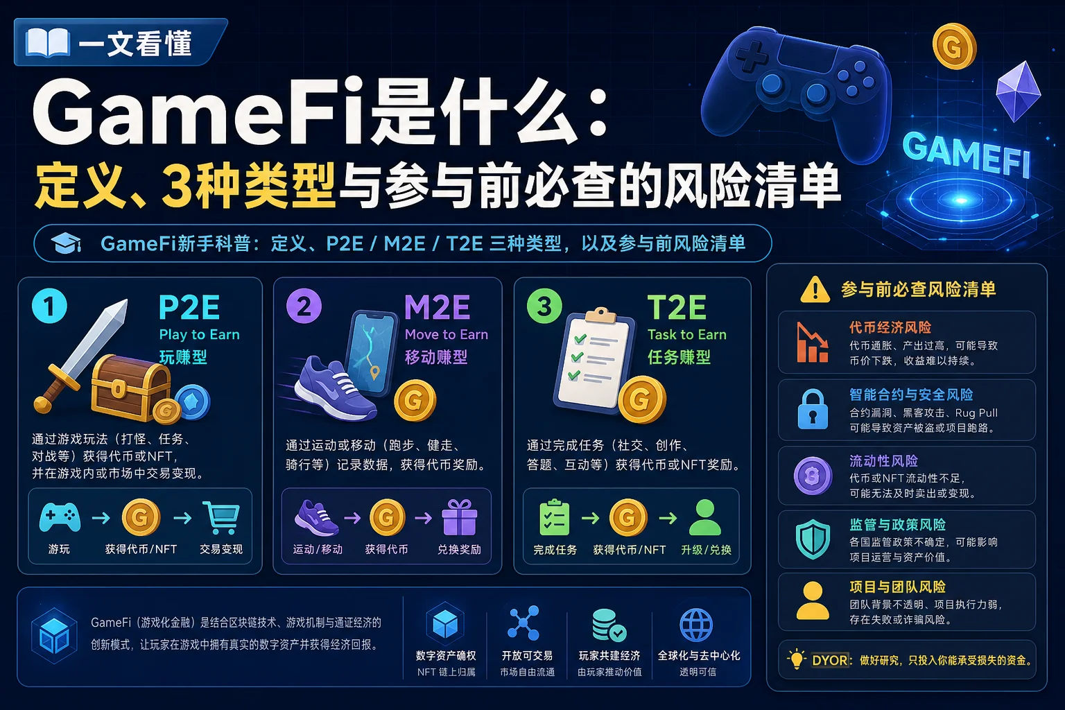 GameFi 定义、P2E/M2E/T2E 三种类型与参与前风险清单示意图