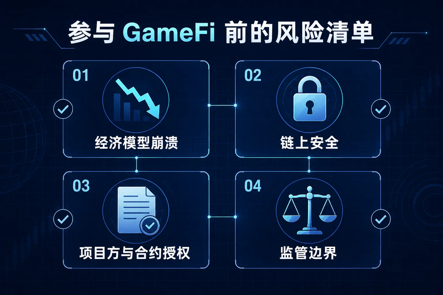 参与 GameFi 前需要核查的四类风险：经济模型崩溃、链上安全、项目方与合约授权、监管边界