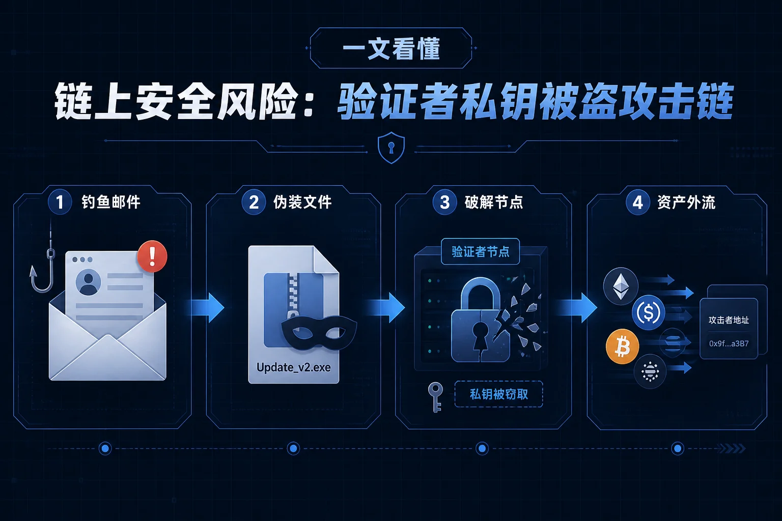 Ronin Network 攻击链路：钓鱼邮件到伪装文件，再到验证节点私钥被窃取和资产外流