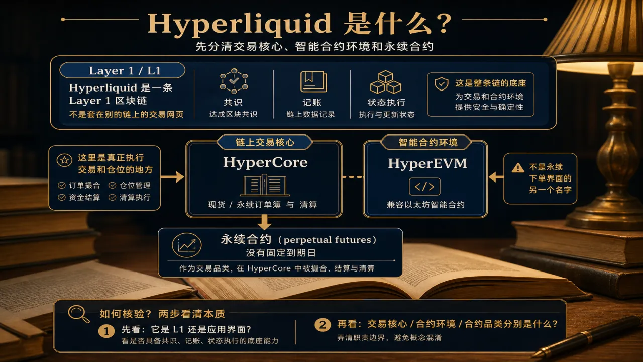 Hyperliquid 是什么 先分清交易核心、智能合约环境和永续合约的流程与风险要点示意