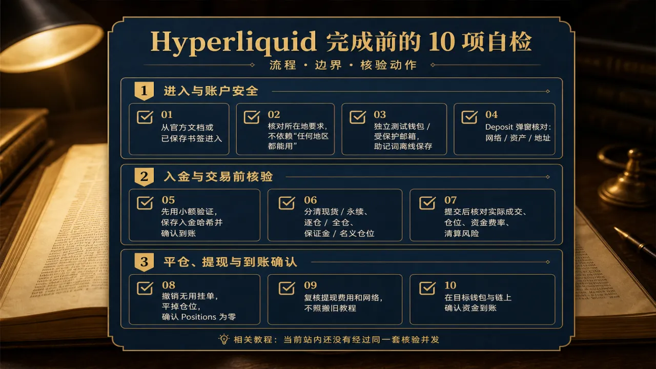 Hyperliquid 完成前的 10 项自检的流程与风险要点示意