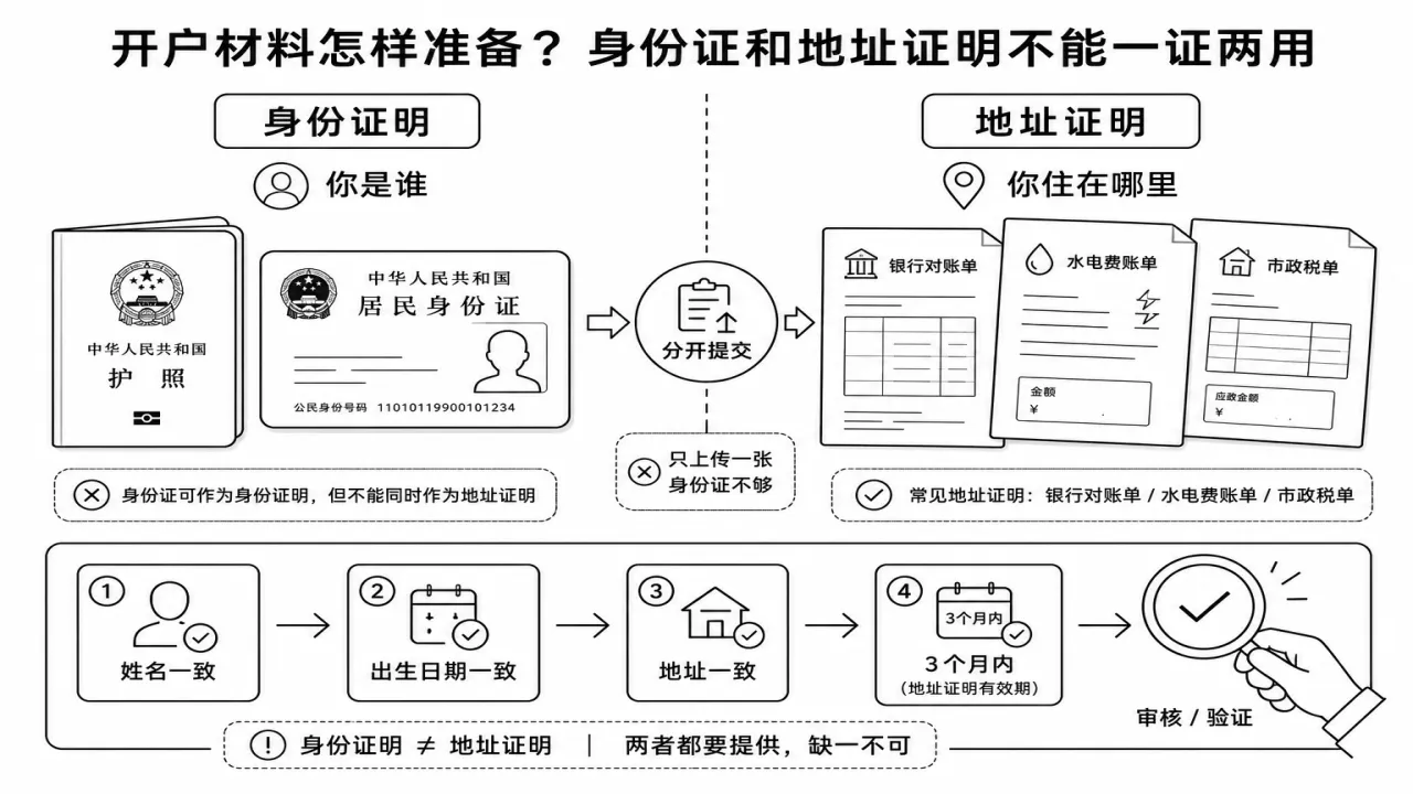 开户材料怎样准备 身份证和地址证明不能一证两用的流程与风险要点示意