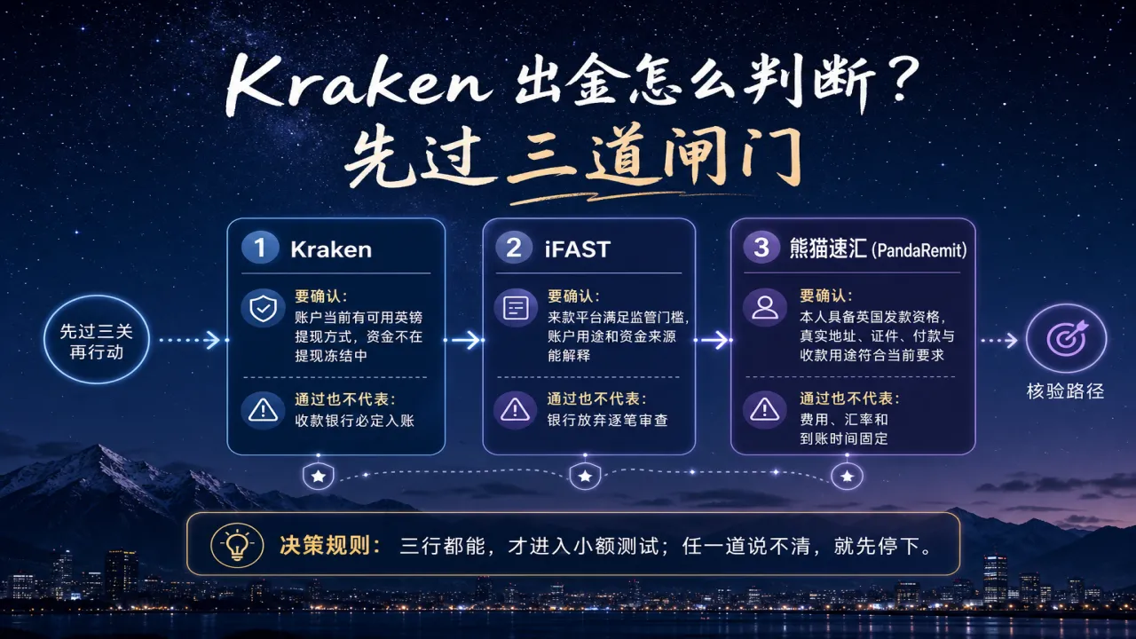 Kraken 出金怎么判断 先过三道闸门的流程与风险要点示意