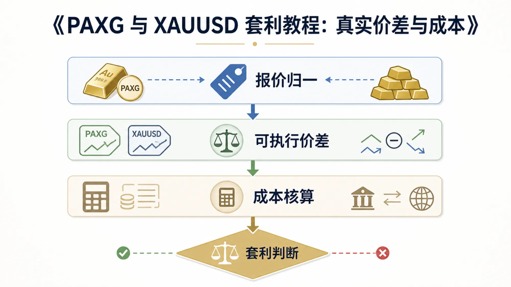 PAXG 与 XAUUSD 跨市场套利流程图：报价归一、可执行价差、成本核算到套利判断四个环节