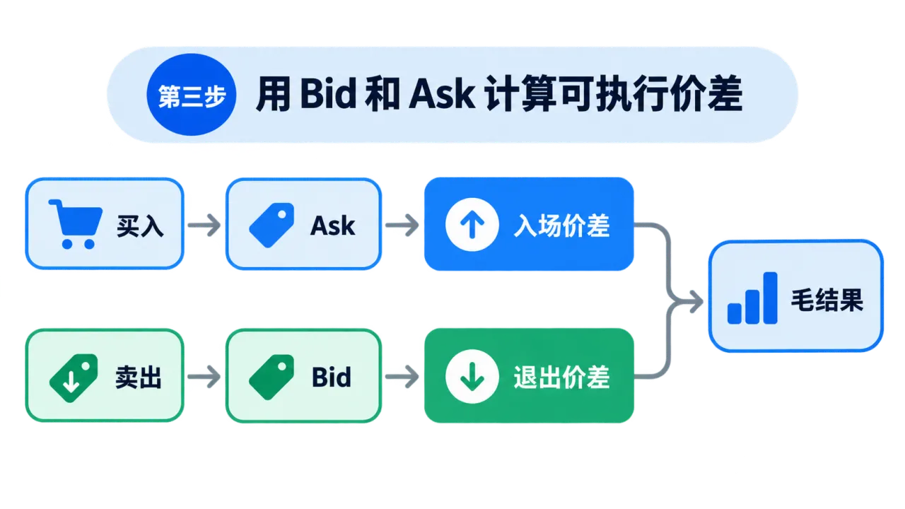 用 Bid 和 Ask 分别计算入场价差与退出价差，两条方向流程汇总为每盎司毛结果