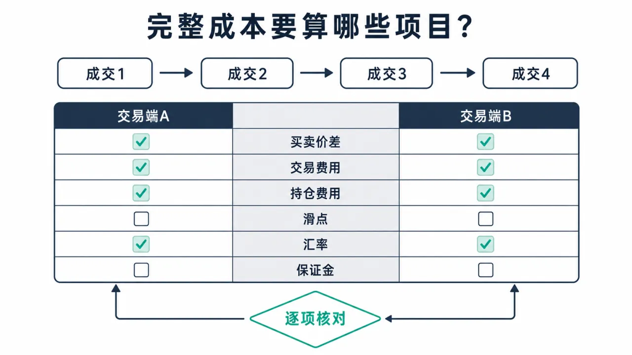 四次成交对照表：买卖价差、交易费用、持仓费用、滑点、汇率与保证金六类成本需逐项核对