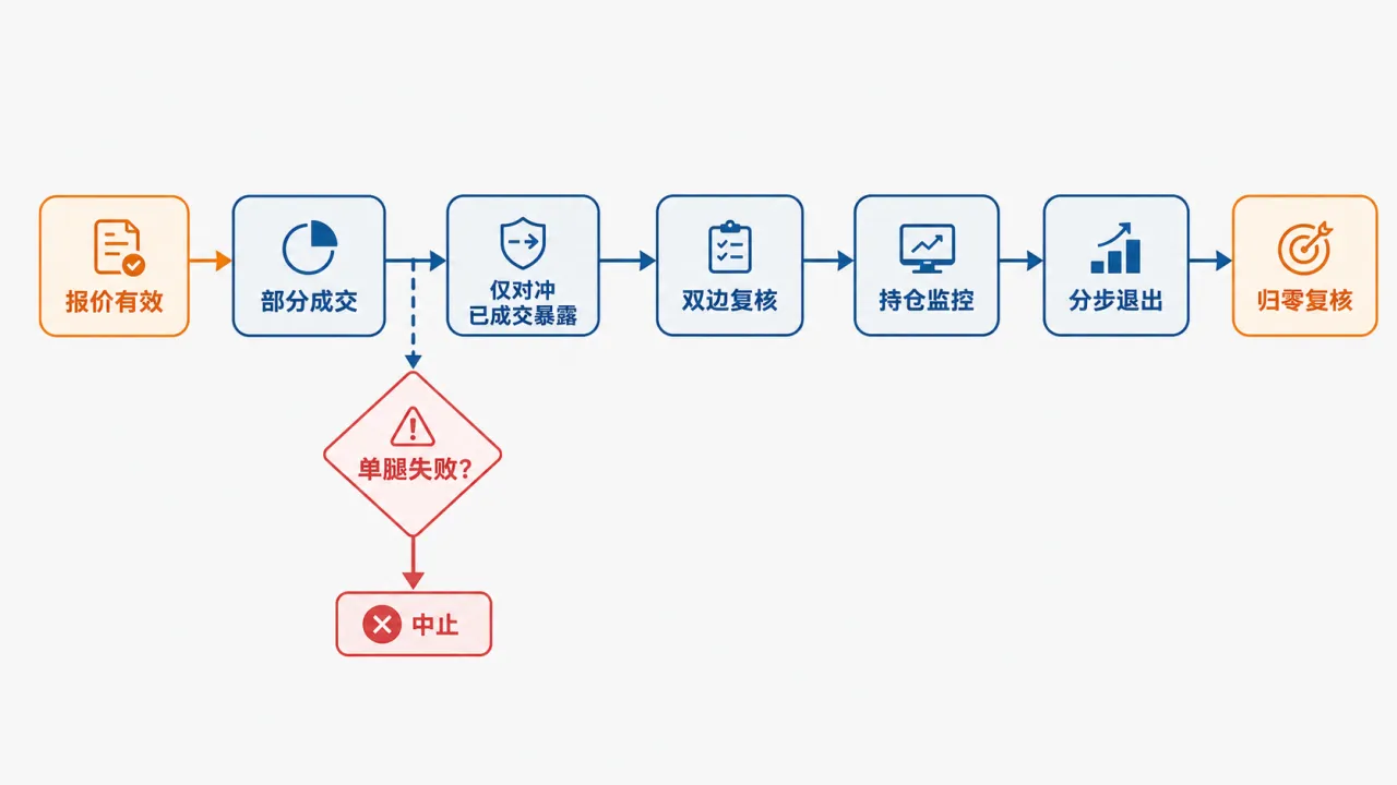 从报价有效到部分成交、单腿失败中止、持仓监控直到归零复核的完整状态流程