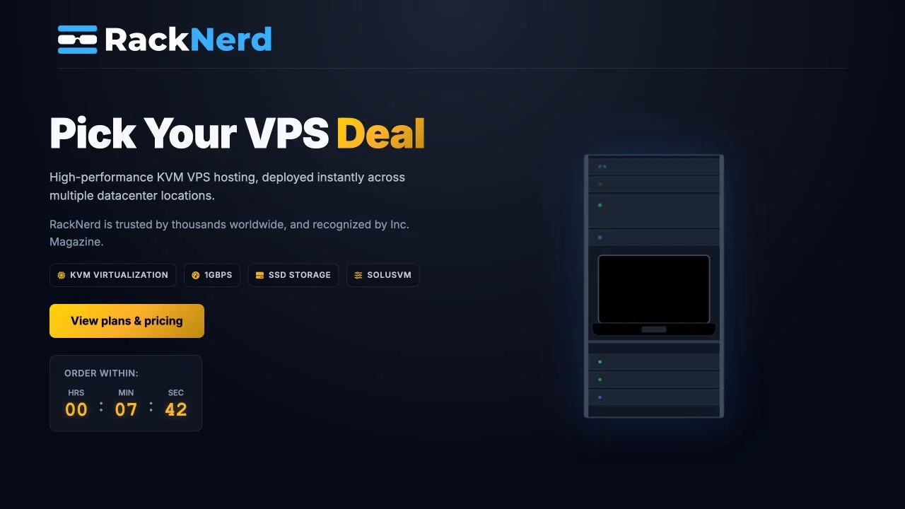 RackNerd 官方 VPS 套餐页面，展示 KVM、1Gbps、SSD 与 SolusVM