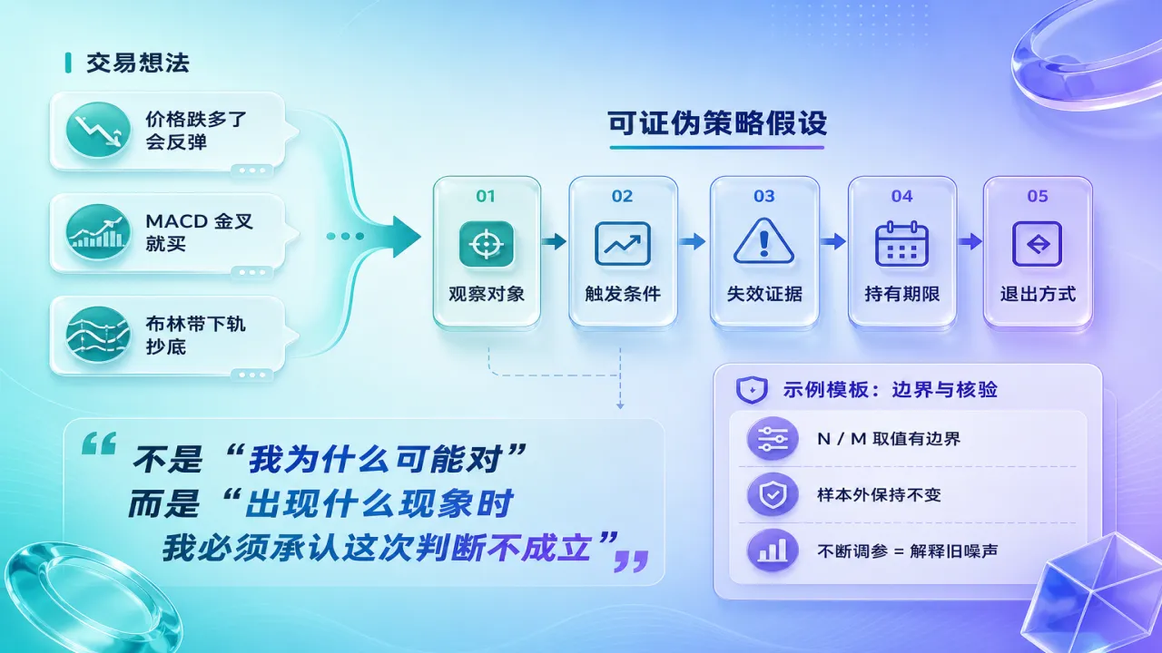 交易想法怎样变成可证伪的策略假设的流程与风险要点示意