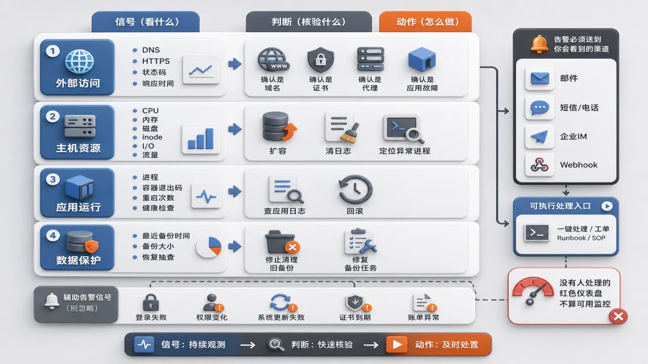 监控和告警最少看哪些信号的流程与风险要点示意