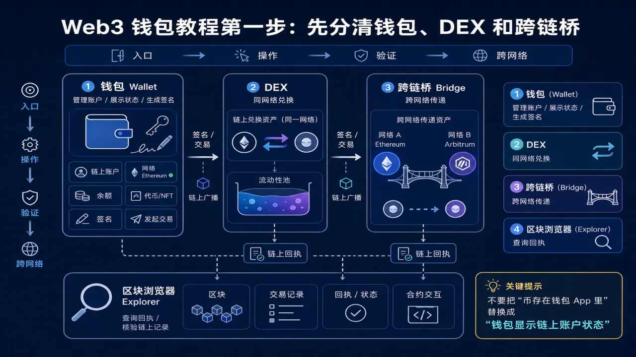 Web3 钱包教程第一步 先分清钱包、DEX 和跨链桥的流程与风险要点示意