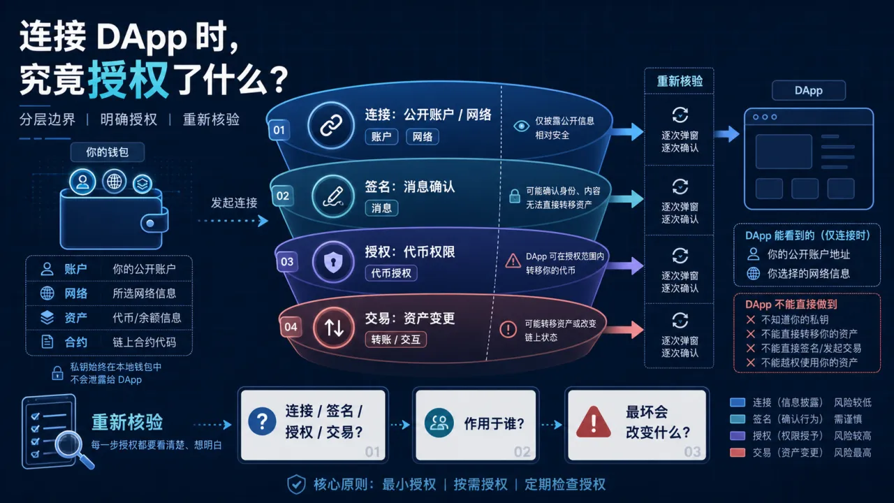 连接 DApp 时 究竟授权了什么的流程与风险要点示意