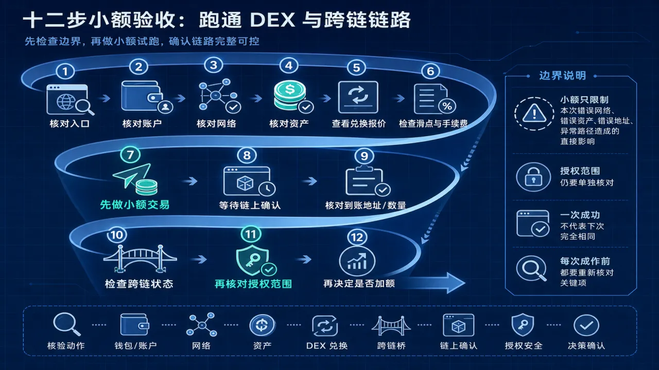 十二步小额验收 跑通 DEX 与跨链链路的流程与风险要点示意