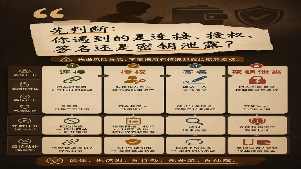 先判断 你遇到的是连接、授权、签名还是密钥泄露的流程与风险要点示意